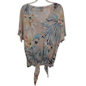 Chicos 2 Floral Shirt Womens Size Large Beige Tropical Waist Tie Linen Rayon
